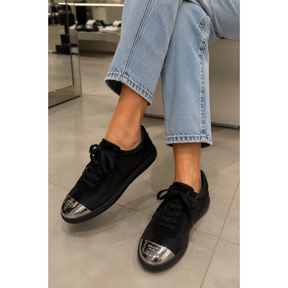 Prada Milano Black Nylon Suede Metal Toe Cap Low Top Sneakers Size 5 US